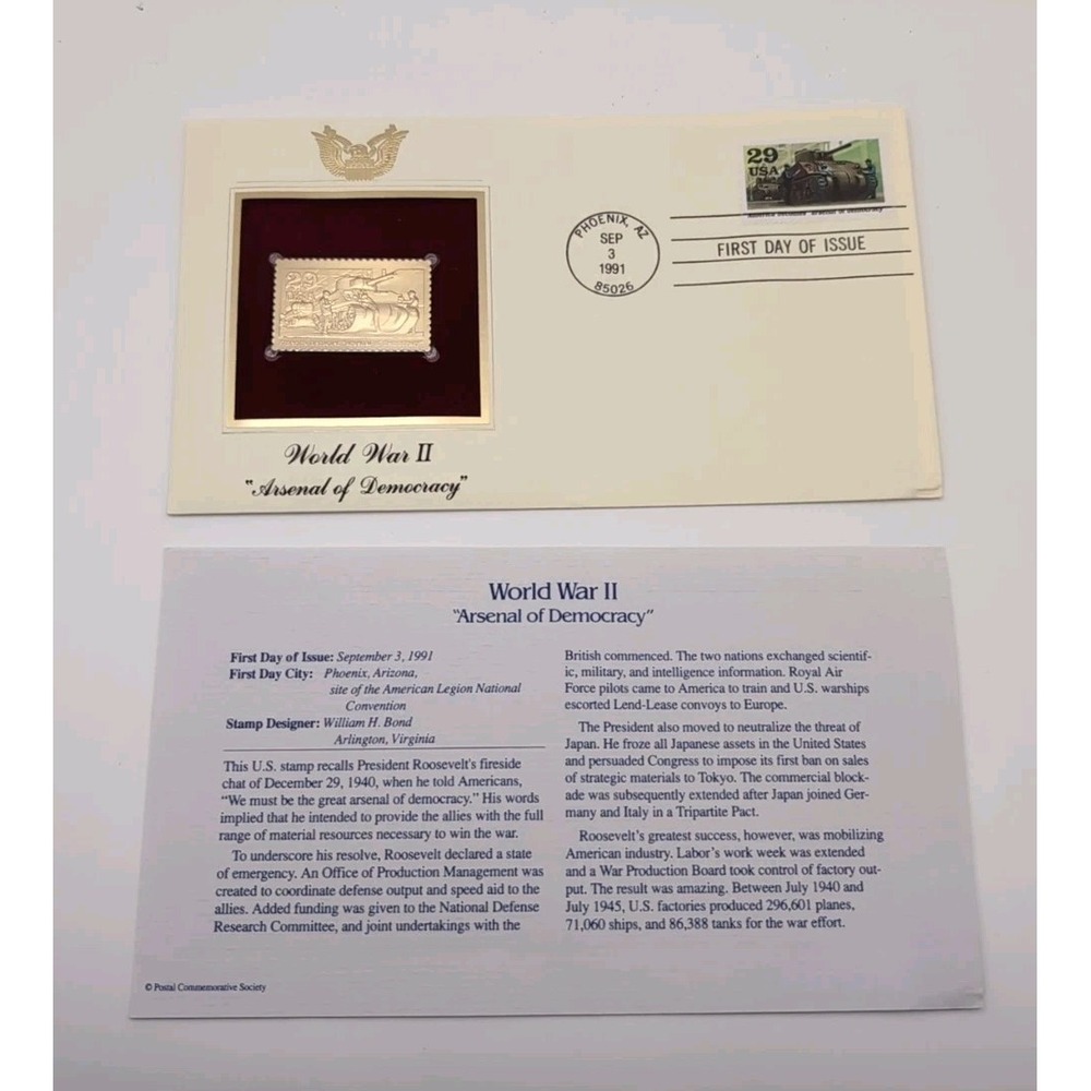 WORLD‎ WAR II "ARSENAL OF DEMOCRACY" 22 KT GOLD FIRST DAY COVER (Gum Intact)